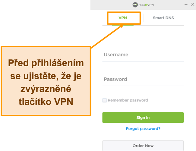 Screenshot z přihlašovací obrazovky HideIPVPN pro počítač.