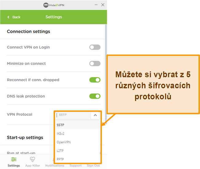 Screenshot šifrovacích protokolů HideIPVPN.