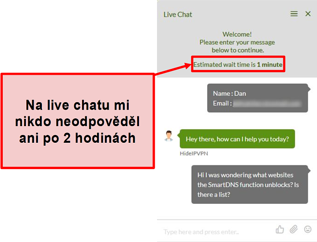 Screenshot z živého chatu HideIPVPN, který neodpovídá.