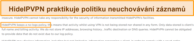 Screenshot politiky HideIPVPN týkající se no-log.