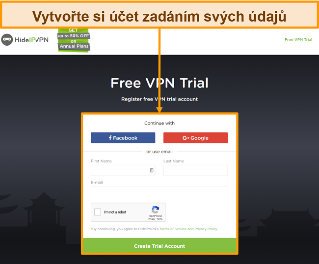 Screenshot procesu vytváření účtu HideIPVPN.