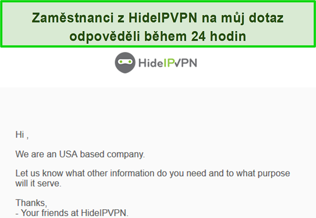 Screenshot z e-mailové podpory HideIPVPN.