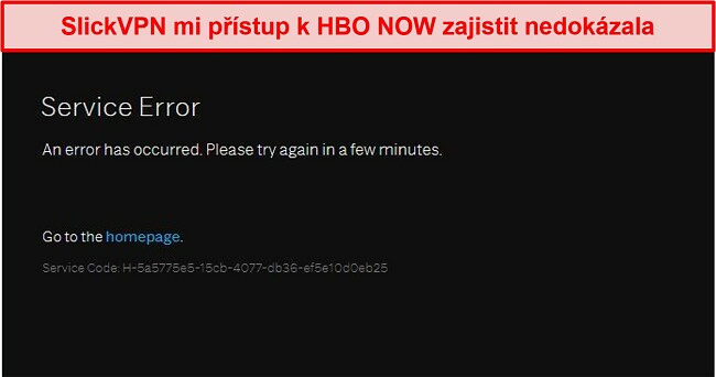 Screenshot z blokování SlickVPN HBO HNED TEĎ