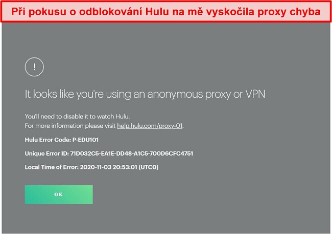 Screenshot z blokování SlickVPN Hulu