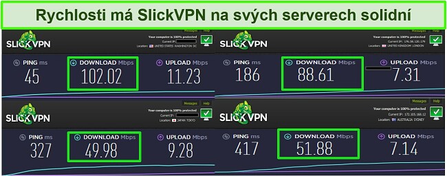 Screenshot ze 4 různých testů rychlosti při připojení k serverům SlickVPN