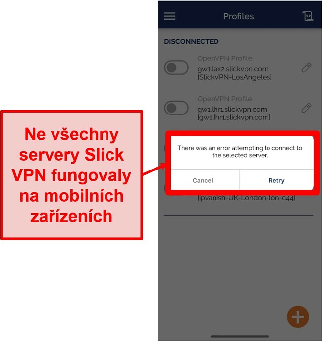 Screenshot SlickVPN, který se nemůže připojit ke všem serverům ve své mobilní aplikaci