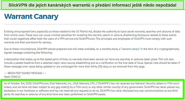 Screenshot upozornění na Warrant Canary od společnosti SlickVPN