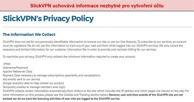 Screenshot ze zásad ochrany osobních údajů SlickVPN