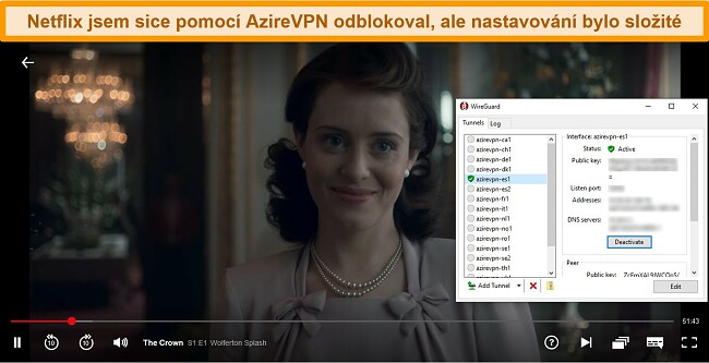 Screenshot hry The Crown hrající na Netflixu, zatímco AzireVPN je připojen k serveru ve Španělsku pomocí klienta WireGuard