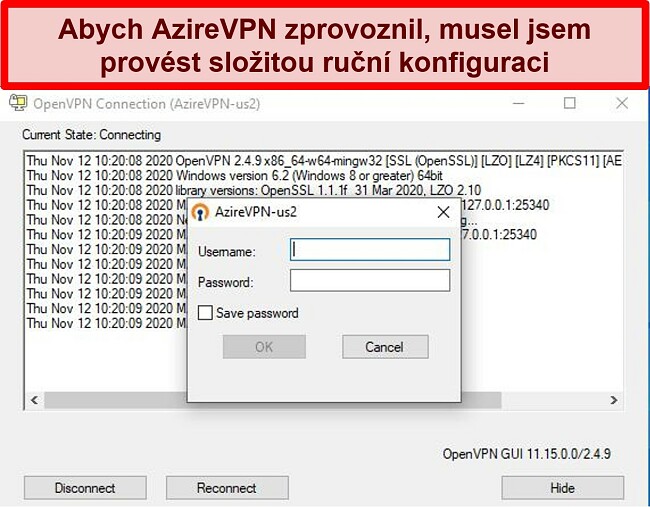 Screenshot výzvy k přihlášení AzireVPN při používání klienta OpenVPN