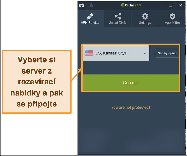 Screenshot rozhraní CactusVPN zobrazující rozevírací nabídku výběru serveru