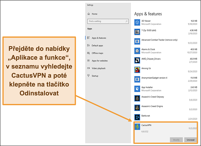 Screenshot ukazující, jak zahájit proces odinstalování CactusVPN z nabídky Aplikace a funkce
