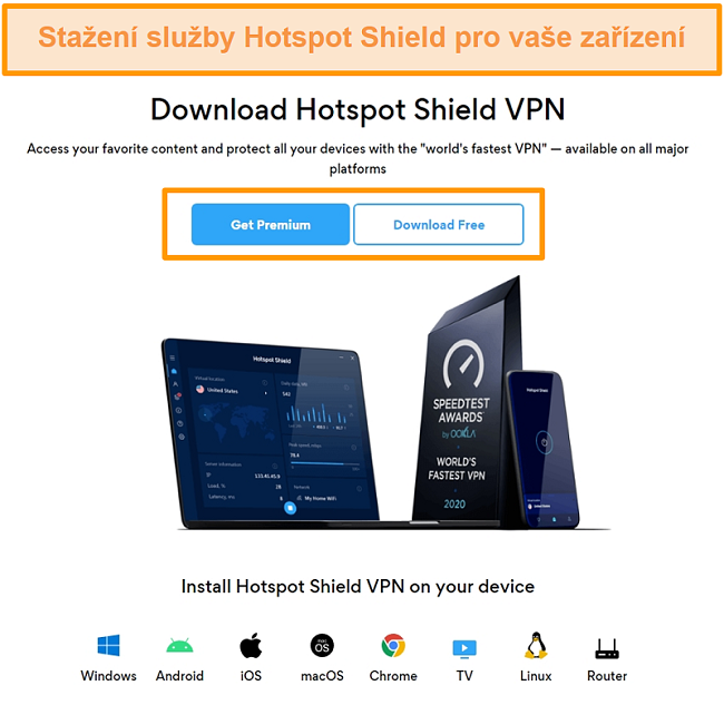 Screenshot stránky ke stažení Hotspot Shield.