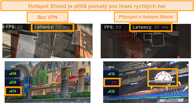 Screenshot z Call of Duty: Modern Warfare a Rocket League testovány na zvýšení latence při připojení k Hotspot Shield VPN na PC.