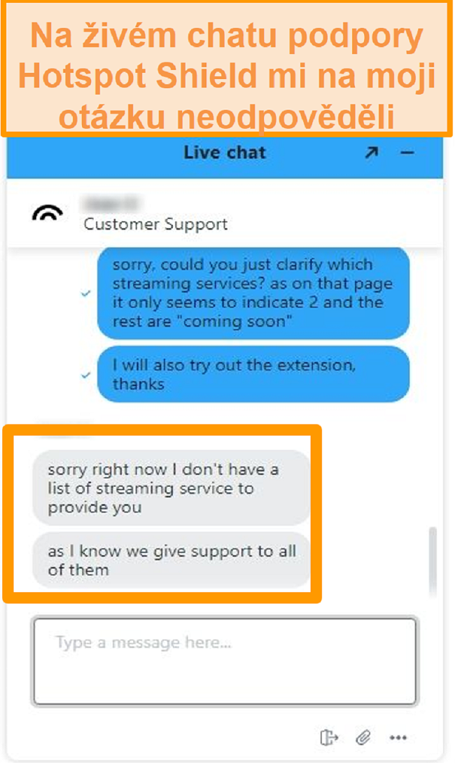 Screenshot agenta živého chatu Hotspot Shield, který není schopen odpovědět na mou otázku