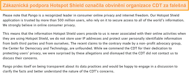 Screenshot z e-mailové odpovědi Hotspot Shield, když byl dotázán na incident z roku 2017 zahrnující CDT podávající stížnost FTC na postupy sběru dat Hotspot Shield.