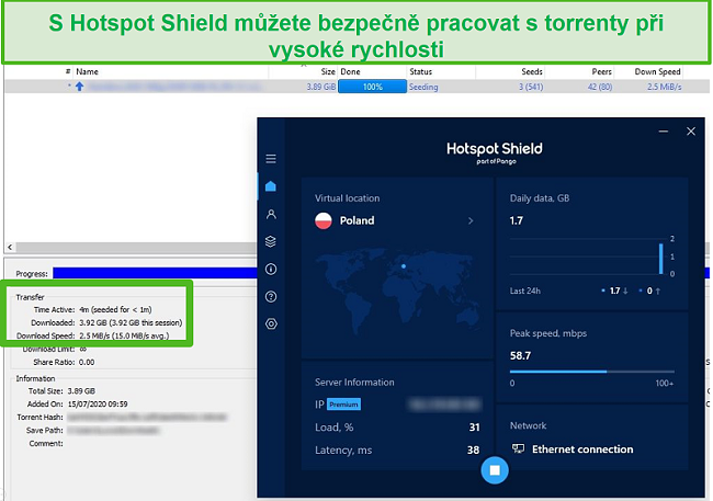 Screenshot z připojení k Hotspot Shield při torrentování 4GB souboru za méně než 4 minuty.