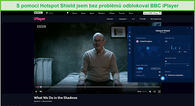 Screenshot odblokování štítu Hotspot Shield, co děláme ve stínech na BBC iPlayer.