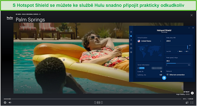 Screenshot z Hotspot Shield odblokování Hulu a streamování Palm Springs.