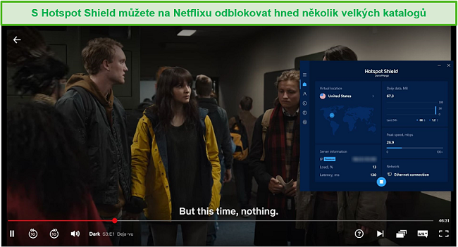 Screenshot z Hotspot Shield odblokování Netflixu a streamování Dark.