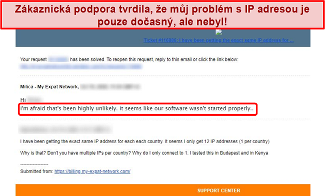 Screenshot z e-mailové odpovědi Moje Expat Network s vysvětlením problému s IP adresou