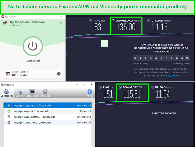 Screenshot výsledků testů rychlosti při připojení k britským serverům Express VPN prostřednictvím Viscosity i ExpressVPN