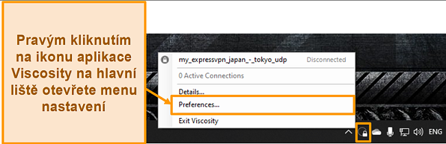 Screenshot ukazující, jak otevřít nabídku předvoleb ve Viskozitě pomocí ikony panelu nástrojů