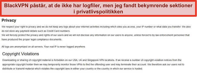 Skærmbillede af sektionerne om beskyttelse af personlige oplysninger og copyright i BlackVPNs servicevilkår