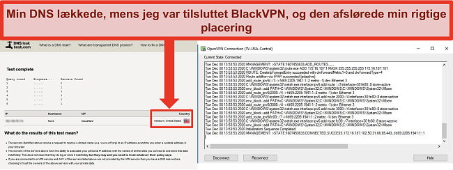 Skærmbillede af en mislykket DNS-lækagetest, mens BlackVPN er tilsluttet en server i USA