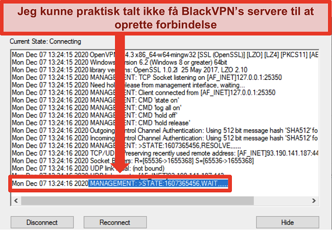 Skærmbillede af BlackVPN, der forsøger at oprette forbindelse til en server via OpenVPN-klienten