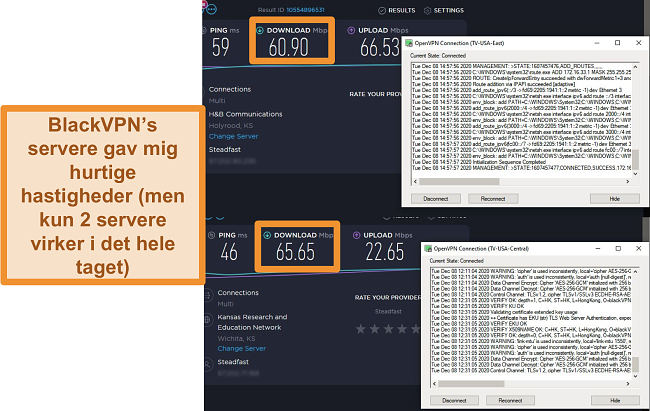 Skærmbillede af 2 hastighedstest, når der er forbindelse til BlackVPN-servere i USA