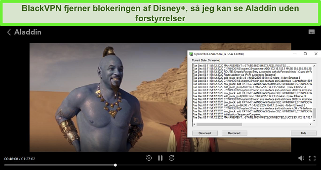 Skærmbillede af Aladdin på Disney +, mens BlackVPN er forbundet til den amerikanske centrale streaming-server via OpenVPN-klienten