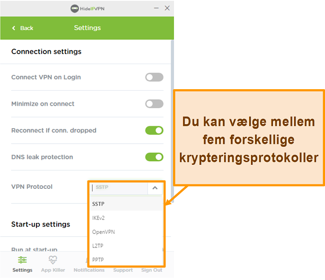 Skærmbillede af HideIPVPN-krypteringsprotokoller.