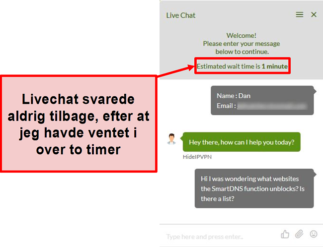 Skærmbillede af HideIPVPN live chat, der ikke svarer.