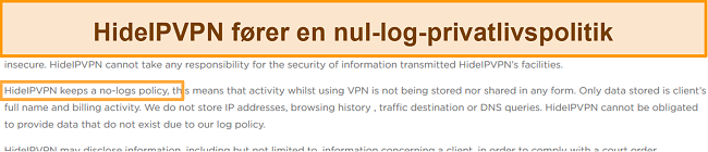 Screenshot of HideIPVPN's no-log policy.