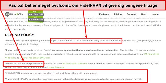 Skærmbillede af HidelVPNs refusionspolitik