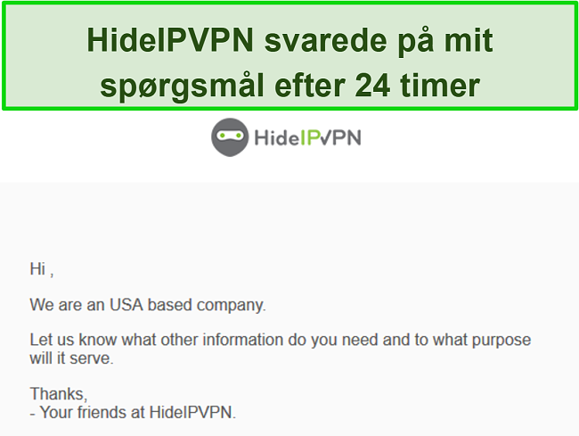 Skærmbillede af HideIPVPNs e-mail-support.