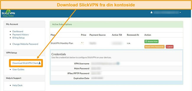 Skærmbillede af SlickVPN-konto med downloadmulighed