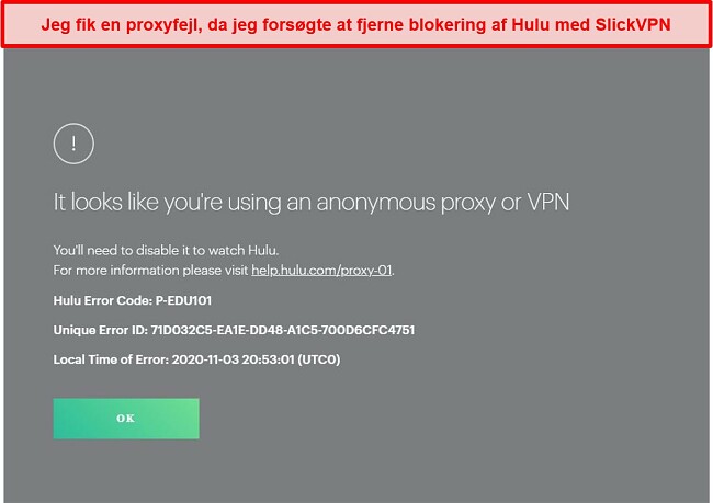 Skærmbillede af SlickVPN bliver blokeret af Hulu