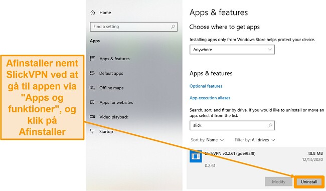 Skærmbillede, der viser, hvordan du afinstallerer SlickVPN via menuen Apps og funktioner.