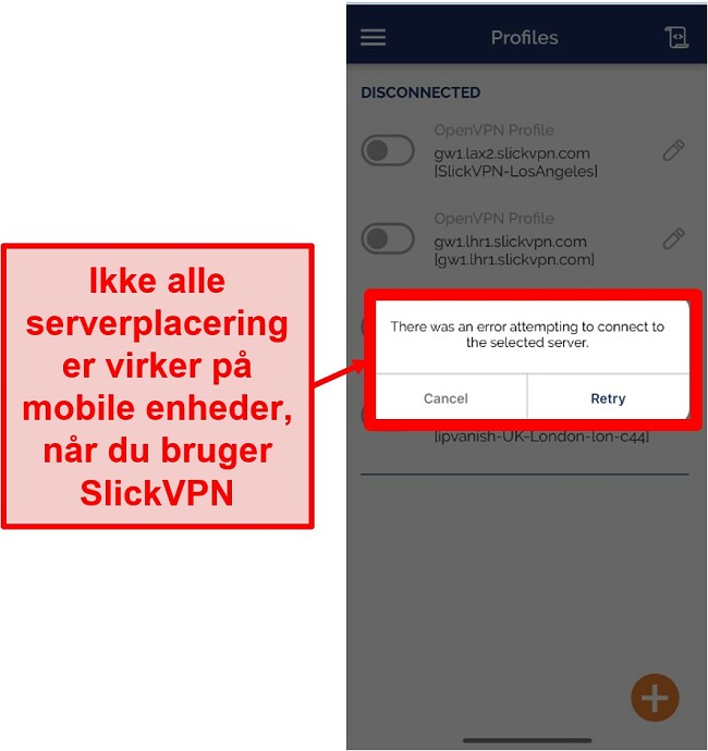 Skærmbillede af SlickVPN, der ikke kan oprette forbindelse til alle servere i sin mobilapp