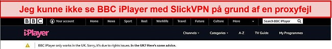 Skærmbillede af SlickVPN, der bliver blokeret af BBC iPlayer