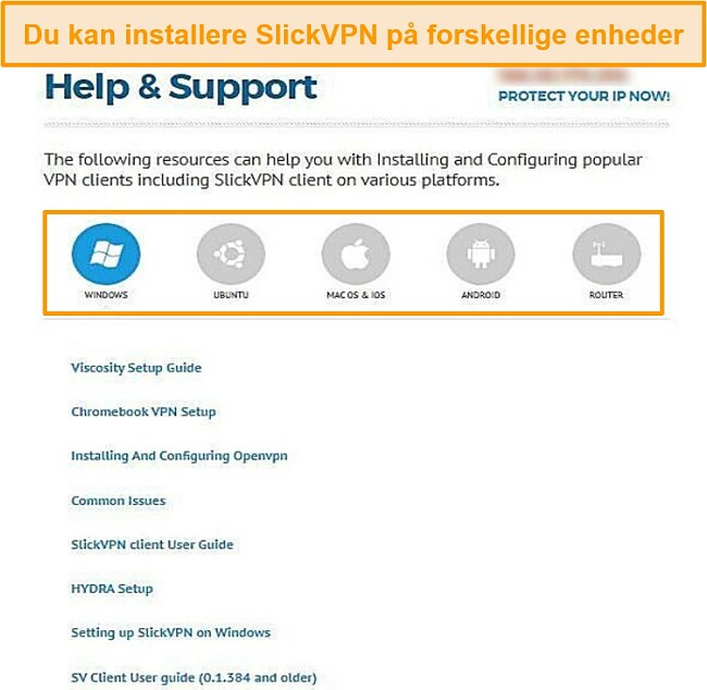 Skærmbillede af SlickVPN supportguide