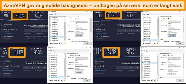 Skærmbillede af 4 hastighedstest, når der er forbindelse til AzireVPN-servere
