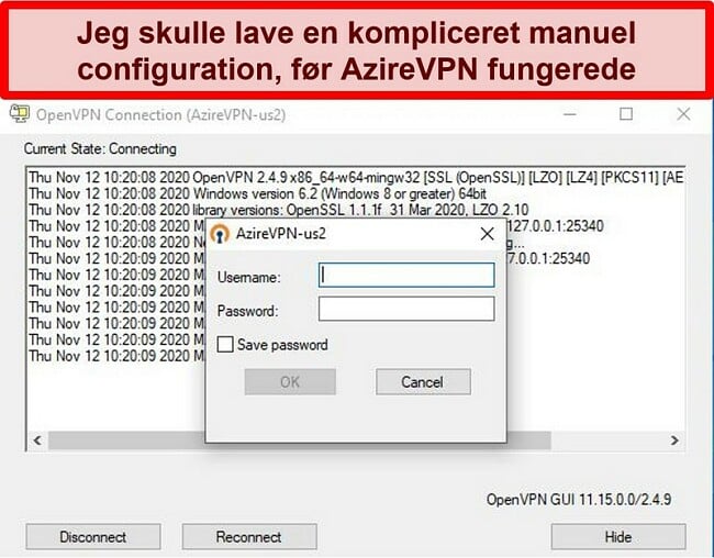 Skærmbillede af AzireVPNs loginprompt, mens du bruger OpenVPN-klienten