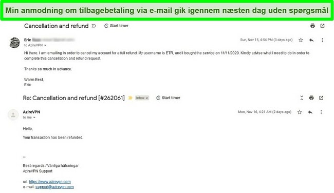 Skærmbillede af en e-mail-tråd, der viser AzireVPN-annullerings- og refusionsprocessen