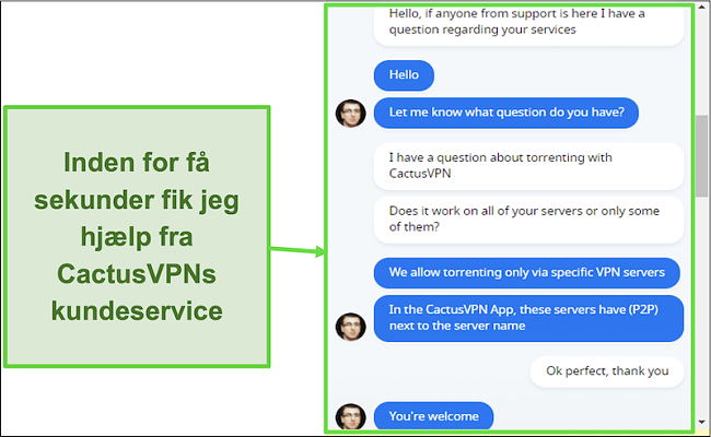 Skærmbillede, der viser, at kundesupport er hurtig og hjælpsom