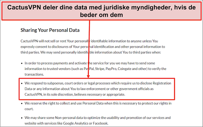 Skærmbillede af CactusVPNs privatlivspolitik, der viser, at de overleverer dine data