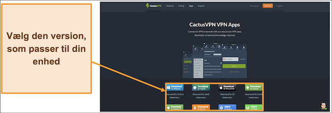 Skærmbillede, hvor du kan downloade den version af CactusVPN, du ønsker, fra dens websted