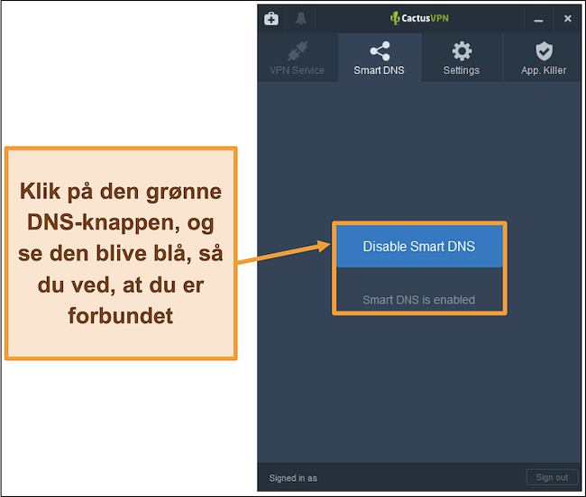 Skærmbillede af CactusVPN-interface, der viser, hvordan du aktiverer smart DNS